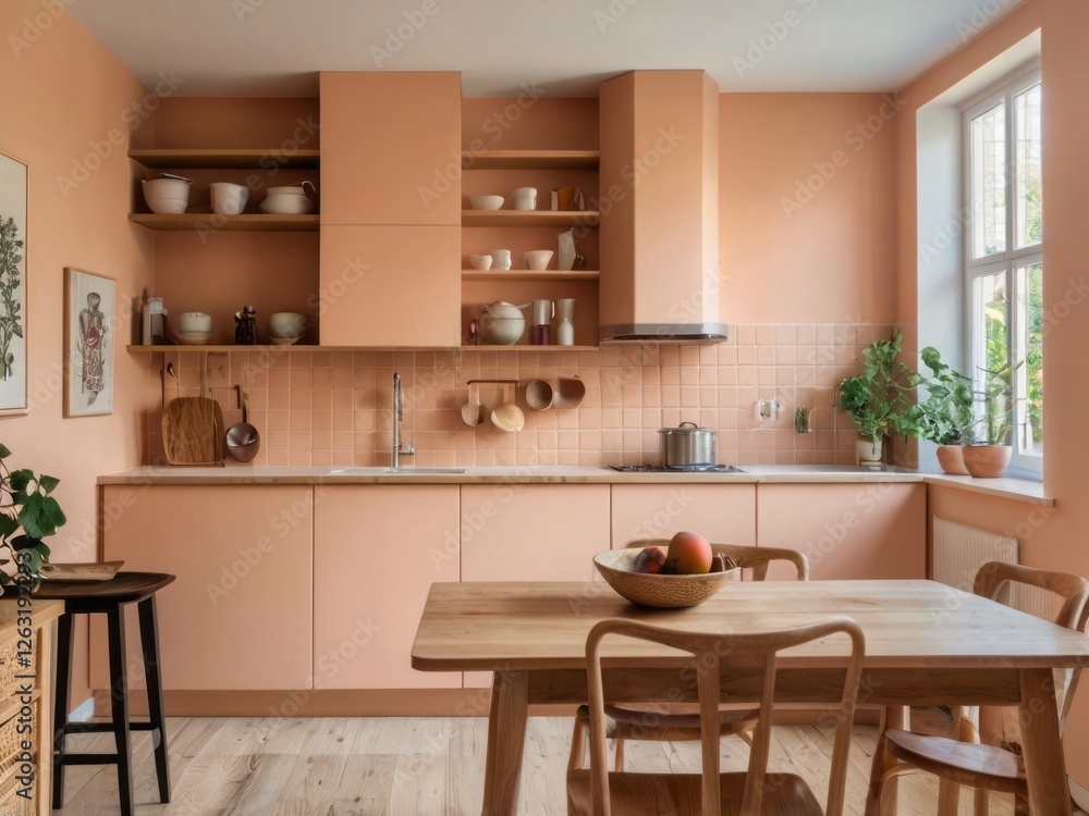 Peach Kitchen Design With Wooden Table And Chairs Peach Kitchen Design With Wooden Table And Chairs