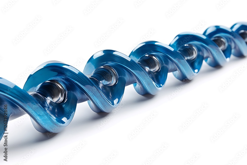 Close-up of a glossy blue spiral auger drill bit on white background. Close-up of a glossy blue spiral auger drill bit on white background.