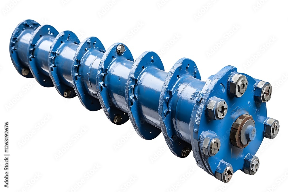 Blue industrial metal shaft with multiple flanges and bolts. Blue industrial metal shaft with multiple flanges and bolts.