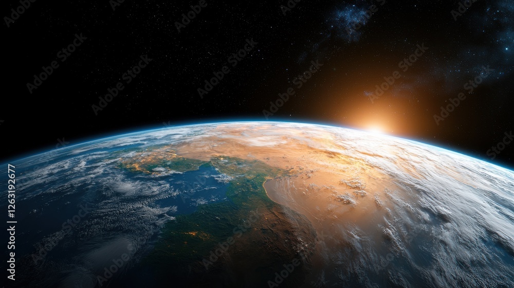 Fototapeta premium Sunrise over earth aerial view planet from space natural environment cosmic perspective enchanting beauty