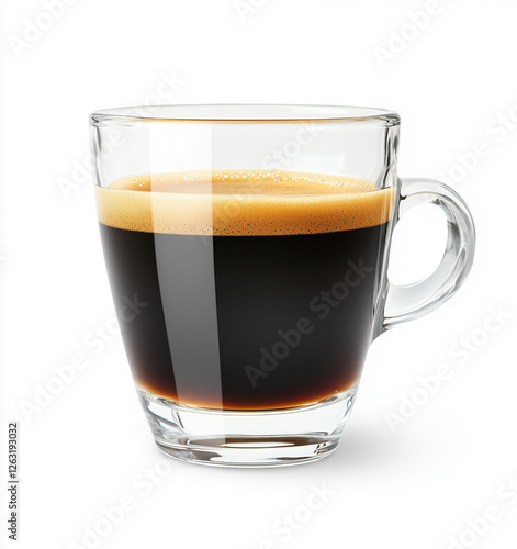 A freshly brewed cup of espresso in a clear glass, with a rich and aromatic dark coffee topped with a smooth layer of foam. Perfect for coffee enthusiasts.