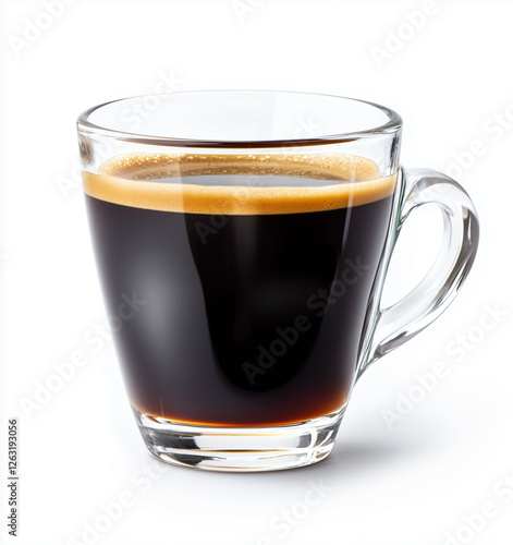 A freshly brewed cup of espresso in a clear glass, with a rich and aromatic dark coffee topped with a smooth layer of foam. Perfect for coffee enthusiasts.