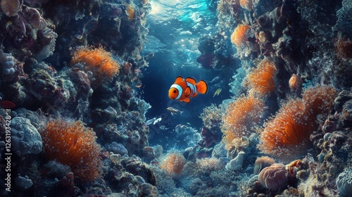 Clownfish Hiding Among Sea Anemones