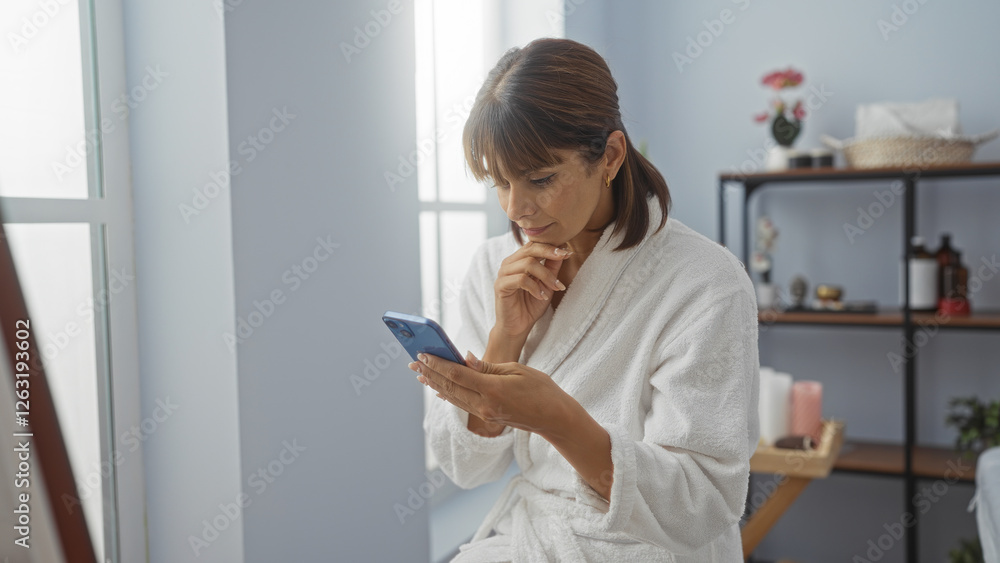 Woman using smartphone in a spa wearing a white robe in a serene wellness center with a calm expression and shelf in the background.