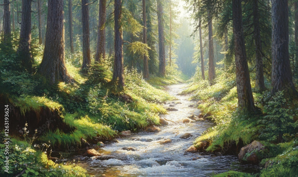 Obraz premium Sunlit stream flows through lush forest; serene nature scene for relaxation or travel brochures
