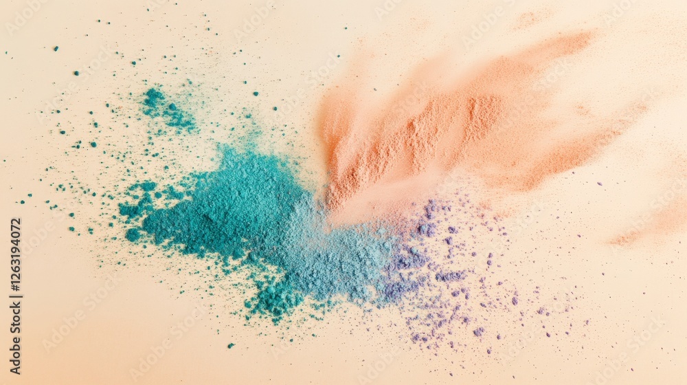 Fototapeta premium Abstract Teal Purple Orange Powder Explosion on Beige