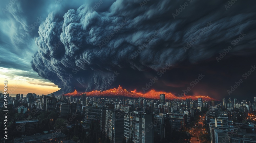 Fototapeta premium Volcanic ash clouds dispersing over a city skyline, their dark and foreboding presence accentuating the scene,