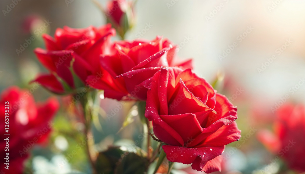 Red Roses with Dewdrops in Soft Sunlight Red Roses with Dewdrops in Soft Sunlight