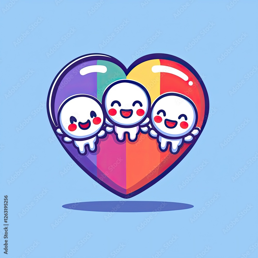 Fototapeta premium A colorful heart with three cheerful, cartoonish characters, symbolizing love and unity, set against a light blue background.