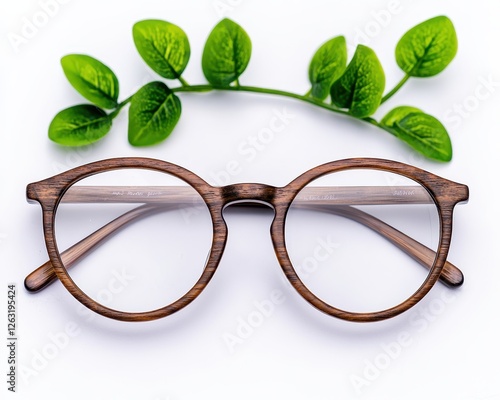 Stylish wooden glasses surrounded by vibrant green leaves, symbolizing nature and fashion.