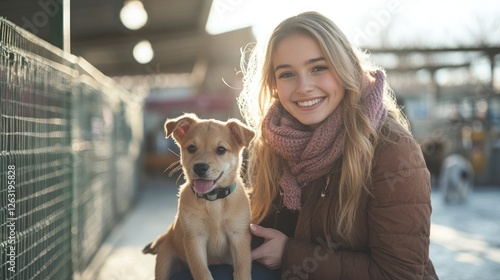 Fototapeta Naklejka Na Ścianę i Meble -  Young woman with puppy at outdoor animal shelter