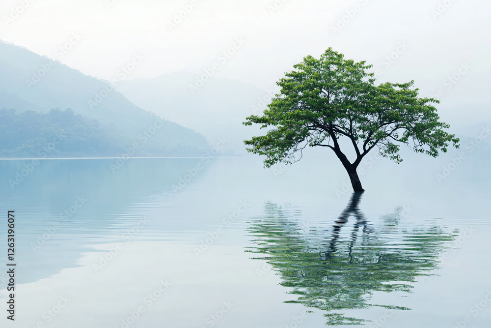 a lone tree is standing in the middle of a lake a lone tree is standing in the middle of a lake