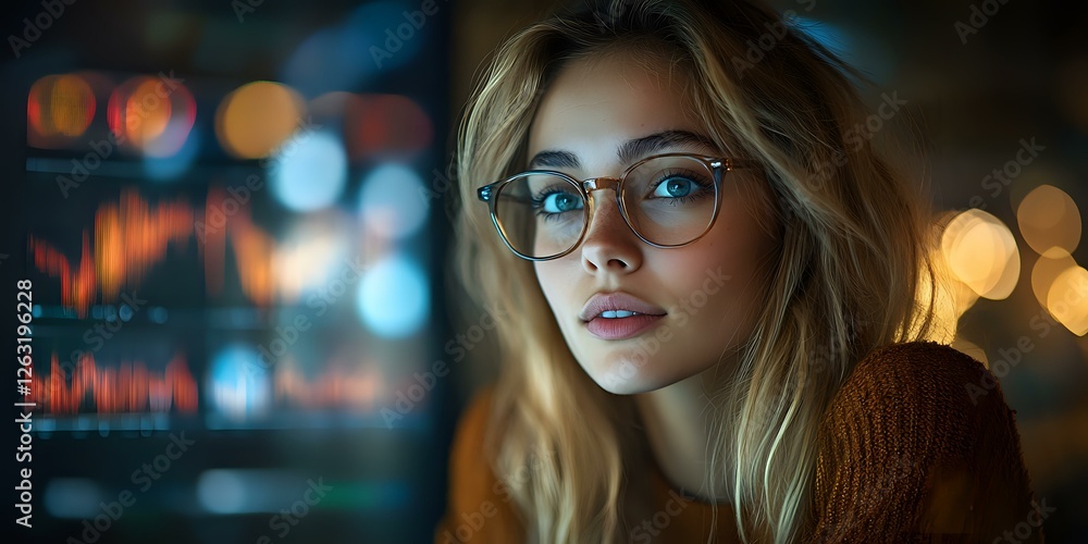Young Caucasian woman in glasses looking thoughtfully aside against blurred city lights background, warm evening atmosphere with bokeh effects creates moody cinematic feel. Young Caucasian woman in glasses looking thoughtfully aside against blurred city lights background, warm evening atmosphere with bokeh effects creates moody cinematic feel.
