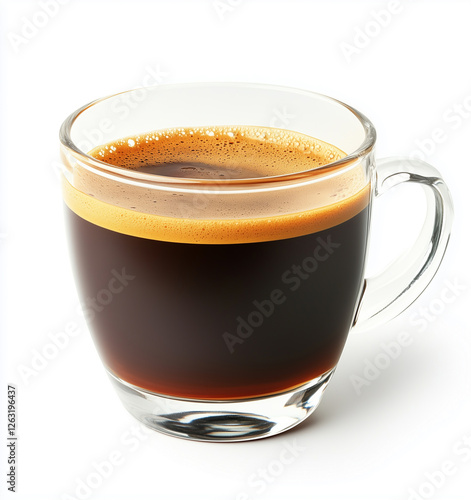 A freshly brewed cup of espresso in a clear glass, with a rich and aromatic dark coffee topped with a smooth layer of foam. Perfect for coffee enthusiasts.
