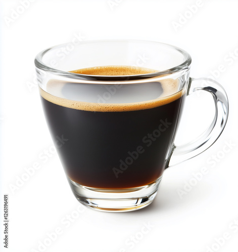 A freshly brewed cup of espresso in a clear glass, with a rich and aromatic dark coffee topped with a smooth layer of foam. Perfect for coffee enthusiasts.