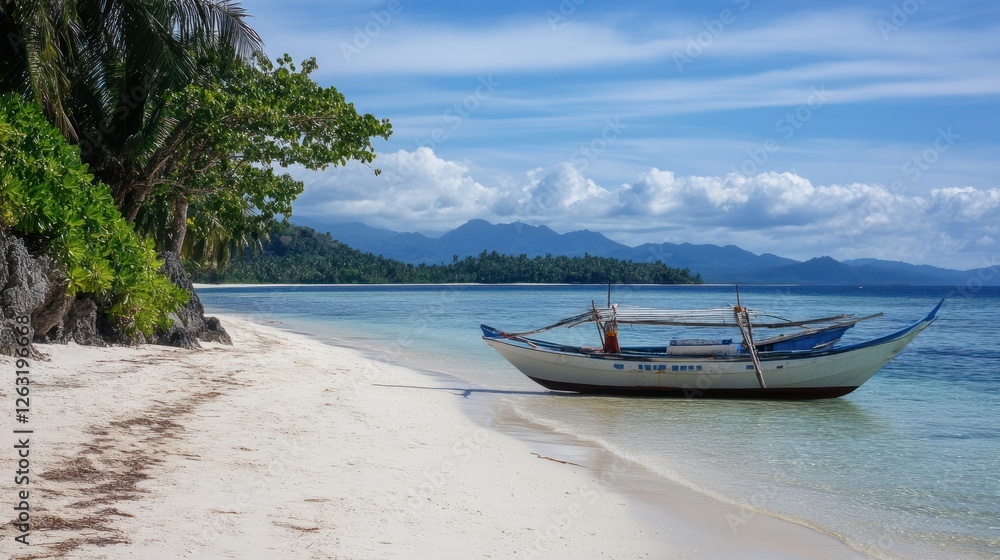 Obraz premium Serene Tropical Beachscape: Boat on Pristine White Sand