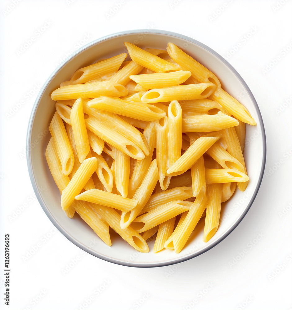 a bowl filled with uncooked penne pasta, ready to be prepared for a delicious Italian dish. The clean, white background a bowl filled with uncooked penne pasta, ready to be prepared for a delicious Italian dish. The clean, white background