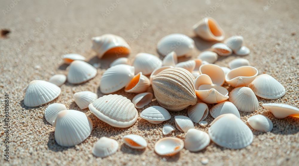 A collection of various sea shells scattered on sandy beach texture – Generative AI A collection of various sea shells scattered on sandy beach texture – Generative AI