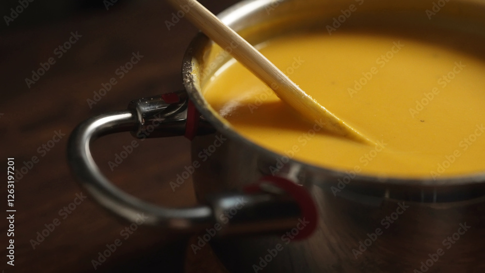 Obraz premium Pumpkin soup in a saucepan. Stirring with a wooden spoon.