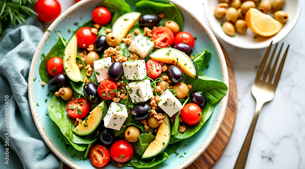 vibrant and healthy mediterranean-style salad with spinach cherry tomatoes olives avocado and feta cheese vibrant and healthy mediterranean-style salad with spinach cherry tomatoes olives avocado and feta cheese
