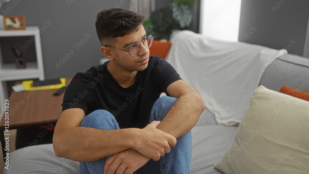 Young hispanic man sitting casually in a modern living room, wearing glasses and a black t-shirt, feeling relaxed and thoughtful in a cozy indoor home environment. Young hispanic man sitting casually in a modern living room, wearing glasses and a black t-shirt, feeling relaxed and thoughtful in a cozy indoor home environment.
