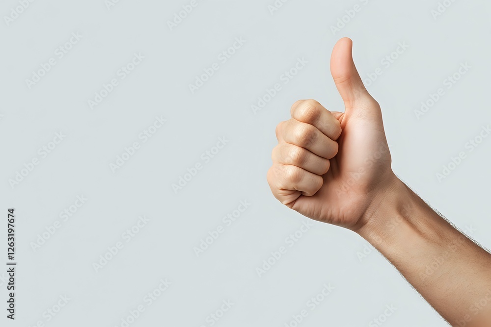Caucasian hand showing thumbs up gesture against light gray background, expressing positivity, approval, and success in minimal composition. Caucasian hand showing thumbs up gesture against light gray background, expressing positivity, approval, and success in minimal composition.