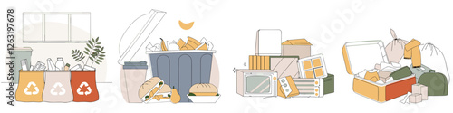 Minimalist illustration of excessive consumption and waste management