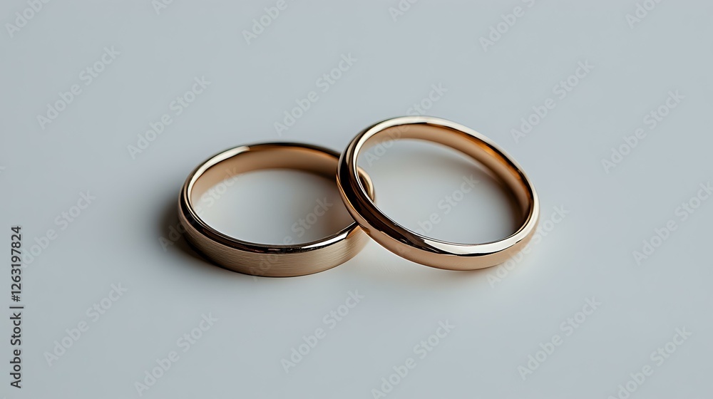 Two rose gold wedding bands on light background, minimalist composition showing classic plain metal rings symbolizing marriage and commitment. Two rose gold wedding bands on light background, minimalist composition showing classic plain metal rings symbolizing marriage and commitment.