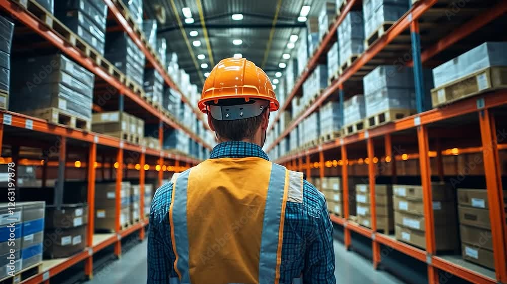 Warehouse worker in safety gear, walking down aisle, with full shelves of goods Warehouse worker in safety gear, walking down aisle, with full shelves of goods