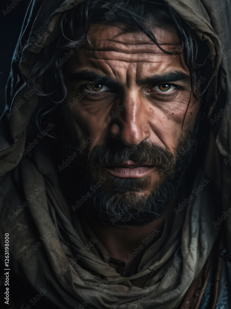 A fearsome bandit with piercing eyes and a rugged face, wrapped in a desert cloak. A cinematic and moody portrait. Generative AI A fearsome bandit with piercing eyes and a rugged face, wrapped in a desert cloak. A cinematic and moody portrait. Generative AI