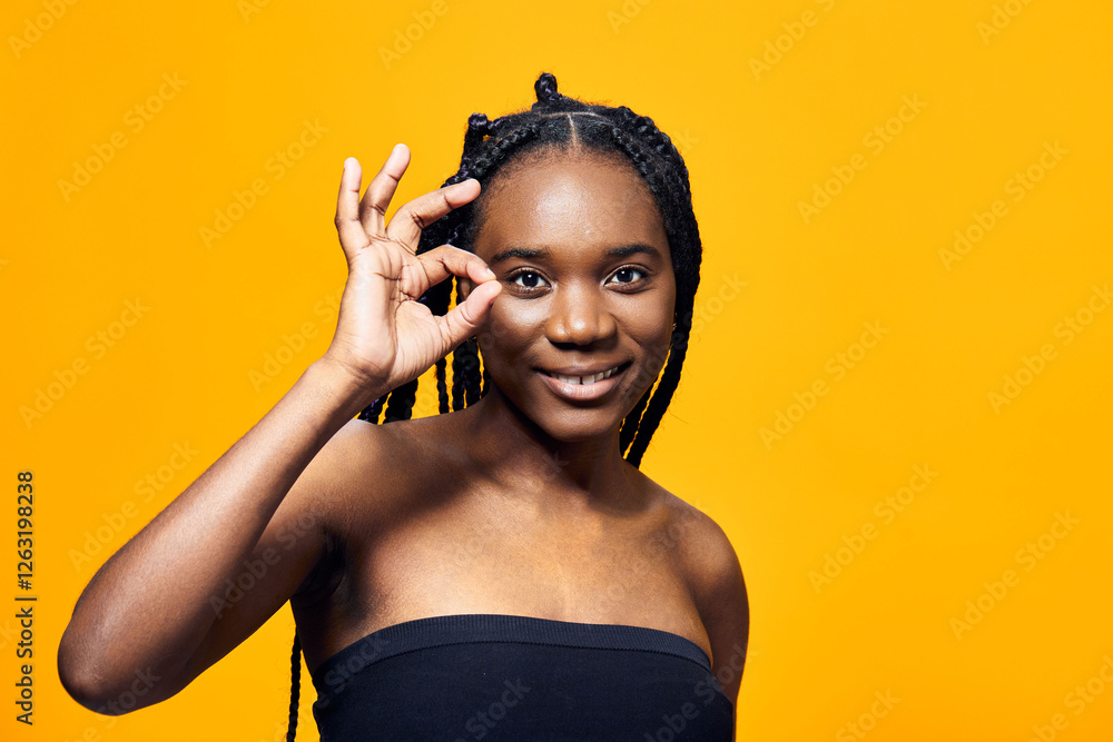 Fototapeta premium Young Black woman with braided hair giving an OK sign against a bright yellow background, exuding positivity, confidence, and joy in a vibrant setting