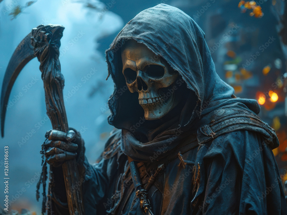 A hooded Grim Reaper with a skeletal face and a scythe stands in a foggy, eerie environment. A dark, cinematic fantasy scene. Generative AI A hooded Grim Reaper with a skeletal face and a scythe stands in a foggy, eerie environment. A dark, cinematic fantasy scene. Generative AI