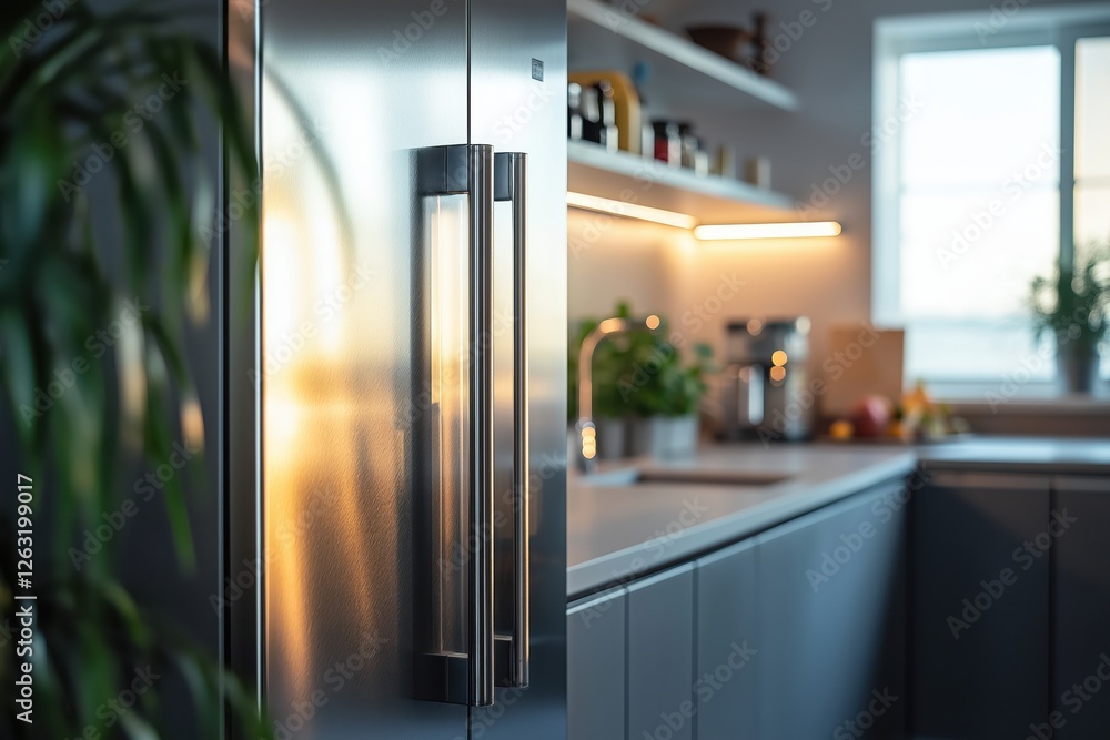 Sleek modern fridge with minimalist design in a contemporary kitchen space Sleek modern fridge with minimalist design in a contemporary kitchen space
