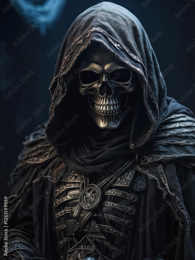 A haunting portrayal of the Grim Reaper in a tattered black hooded cloak, with a skeletal face and intricate gothic armor. A dark and mysterious figure of death and mythology. Generative AI A haunting portrayal of the Grim Reaper in a tattered black hooded cloak, with a skeletal face and intricate gothic armor. A dark and mysterious figure of death and mythology. Generative AI