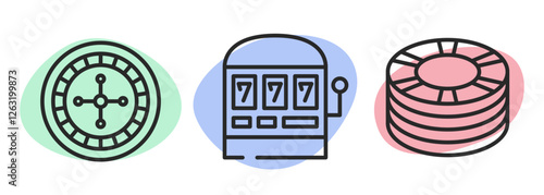 Casino vector icons. Black flat icons on color  background.