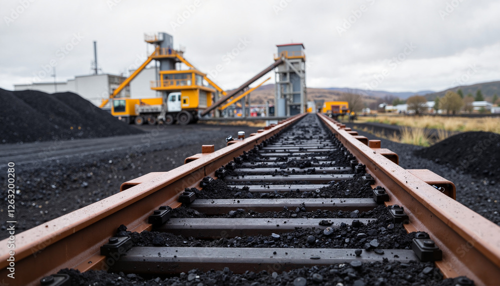 Obraz premium Coal mining conveyor system in industrial setting under gray sky