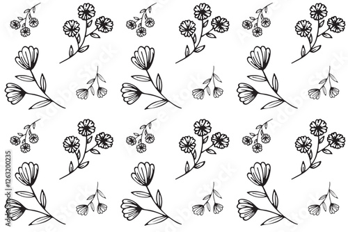 Seamless hand-drawn pattern with flowers and twigs in doodle style on white background. Vintage floral pattern with botanical elements for postcards, wrapping papper, textile. Vector illustration. 
