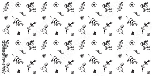 Seamless hand-drawn pattern with flowers and twigs in doodle style on white background. Vintage floral pattern with botanical elements for postcards, wrapping papper, textile. Vector illustration. 