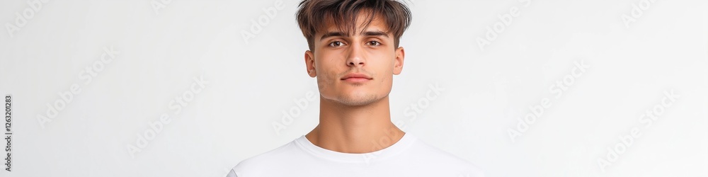 Naklejka premium A man with curly hair is wearing a white shirt and standing in front of a white background. He has a serious expression on his face