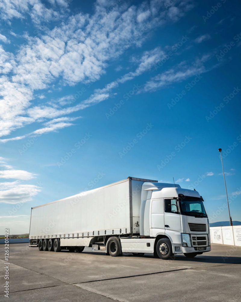 White truck with cargo trailer against a vibrant blue sky, showcasing transportation and logistics in action. White truck with cargo trailer against a vibrant blue sky, showcasing transportation and logistics in action.