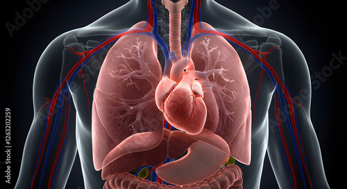 Wallpaper Mural Human heart with vessels, lungs, bronchial tree and cut rib cage. Human Anatomy Torontodigital.ca