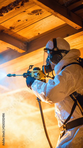 pest exterminator in protective gear spraying for termites in dimly lit area