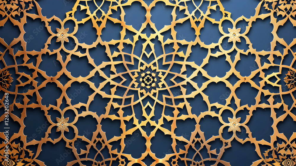 Intricate golden geometric pattern on deep blue background showcasing artistry and design Intricate golden geometric pattern on deep blue background showcasing artistry and design