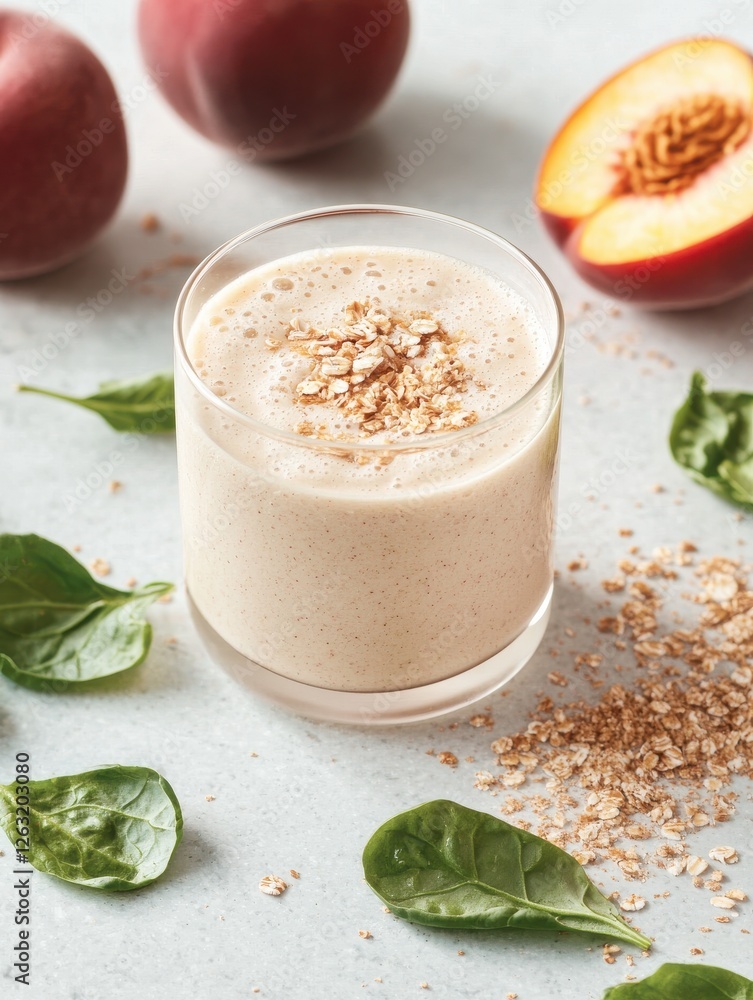 A creamy smoothie made with fresh peaches, spinach, and topped with oats, surrounded by more peaches and spinach leaves. A creamy smoothie made with fresh peaches, spinach, and topped with oats, surrounded by more peaches and spinach leaves.