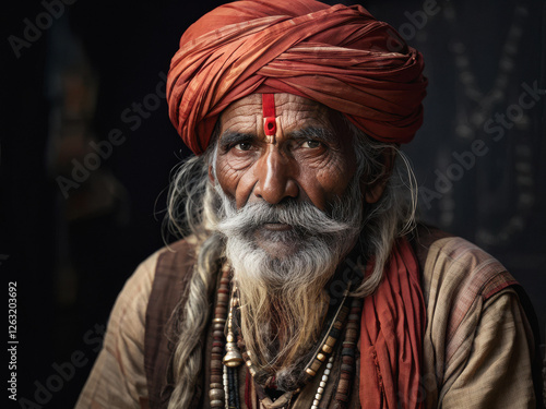 A wise Indian elder in traditional attire, adorned with a red turban and handcrafted jewelry, symbolizing cultural heritage and experience. Generative AI photo