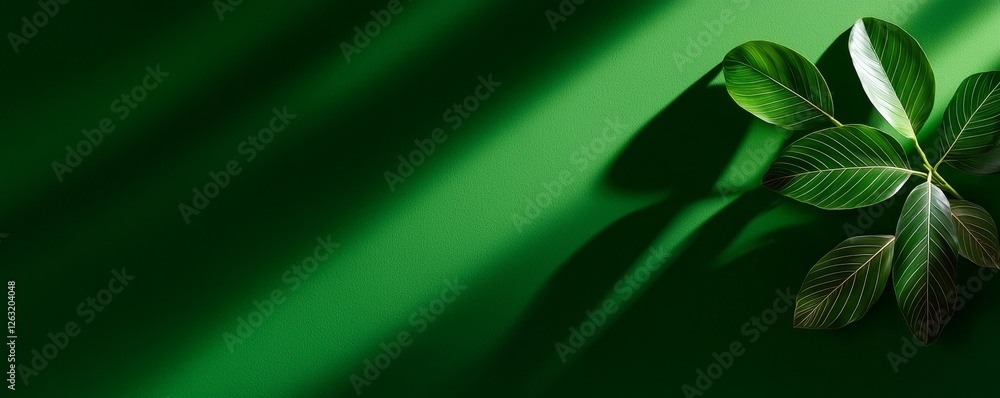 Fototapeta premium A vibrant green background features a delicate plant with shadows, creating a serene and natural atmosphere.