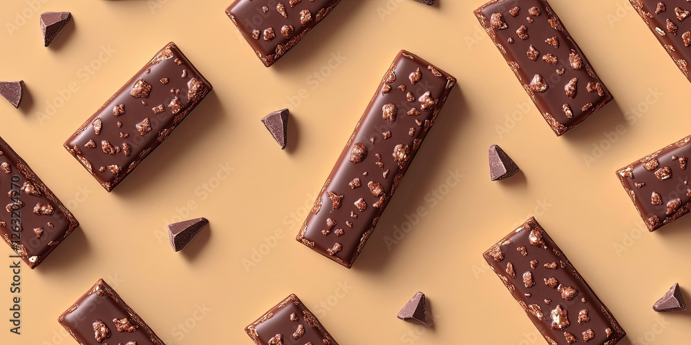 Overhead flat lay view of energy protein bar or chocolate bar snack packaging template design