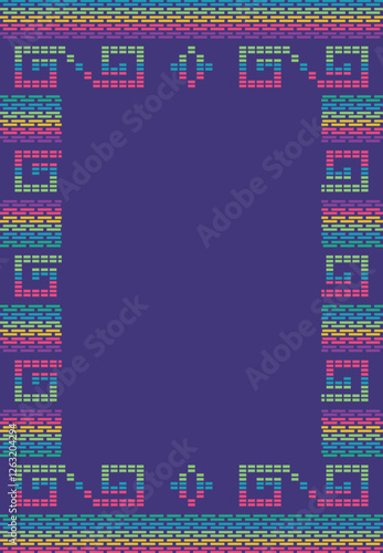 Marco colorido de textil mexicano sobre fondo morado tejido, vector