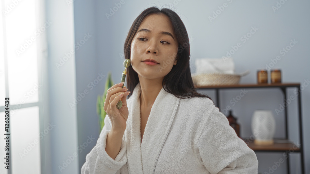 Woman enjoying a facial massage with a jade roller in a serene spa room, wearing a white bathrobe inside a wellness center Woman enjoying a facial massage with a jade roller in a serene spa room, wearing a white bathrobe inside a wellness center