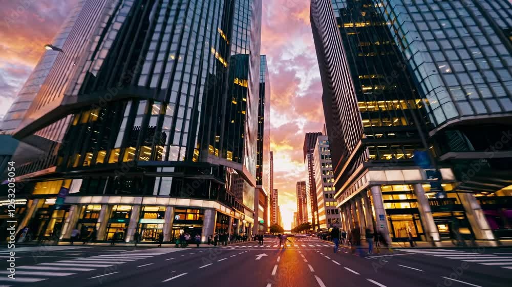 Time-lapse video of a bustling cityscape at sunset, captured from a low angle, highlighting towering skyscrapers and blurred pedestrian movement. Time-lapse video of a bustling cityscape at sunset, captured from a low angle, highlighting towering skyscrapers and blurred pedestrian movement.